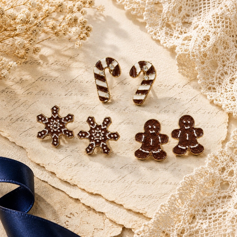 Holiday Stud Earring Set Gingerbread Snowflake Candy Cane Gold Tone Brown